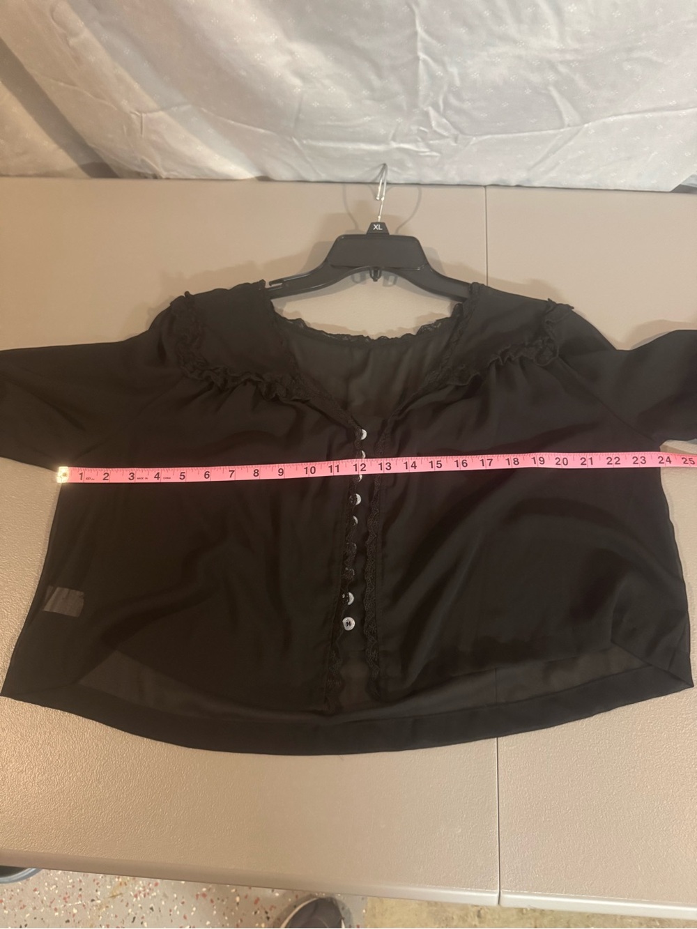 Black Sheer Button-Front Lace-Trim Blouse - Picture 3 of 4